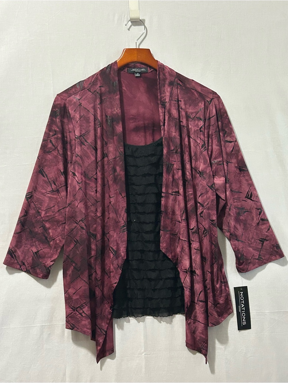 Notations - Burgundy and Black Draped Open-Front Cardigan with Built-In Tank